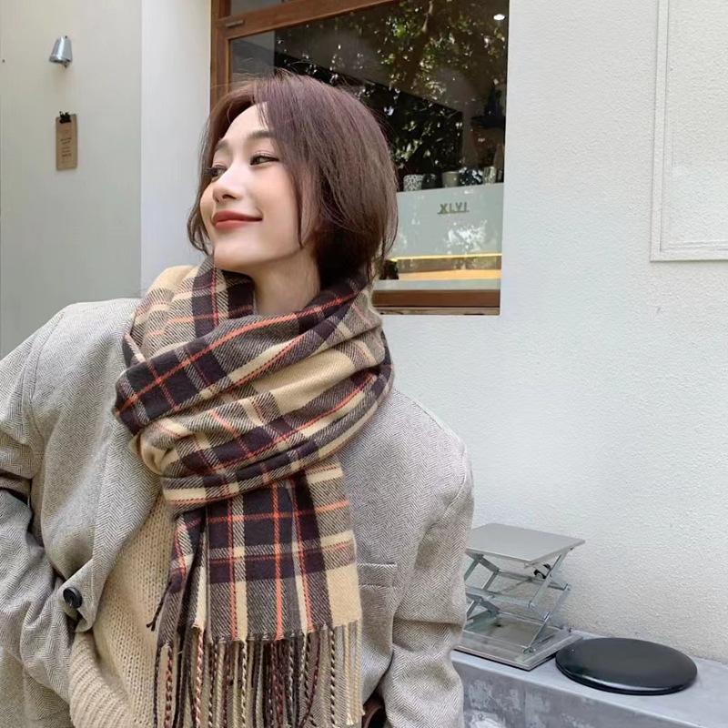 New Plaid Scarf Japanese and Korean Trendy Fashion Cashmere Tassel Versatile Thickened Warm Shawl