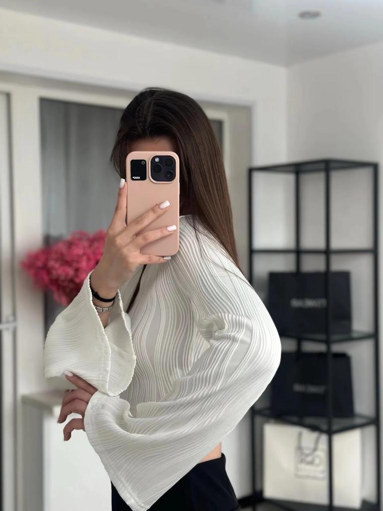 Women Textured Mock Neck Flare Long Sleeve Crop Top Elegant Preppy Style Y2K Rib Knit Slim T Shirt Blouse