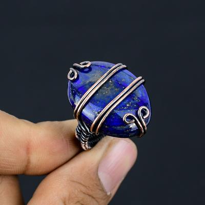 Piedra Preciosa Lapis Lázuli Natural Hecho a Mano Anillo Envoltura Alambre de Cobre Talla 5.5 g3C56