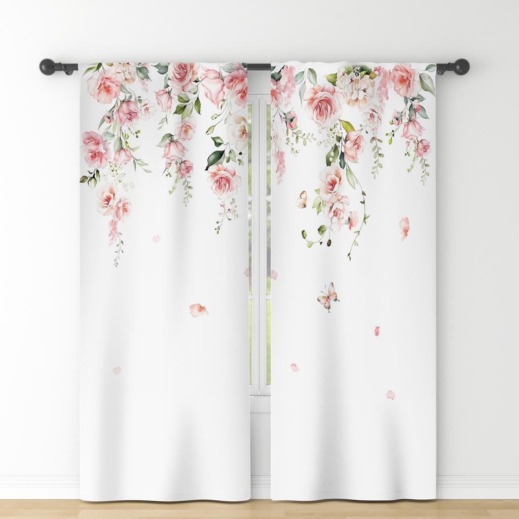 Set Of 2 Fresh Rural Style Window Curtains Floral Fragments Natural Decor Bedroom Dining Room Polyester Modern Blackout Made Treatment