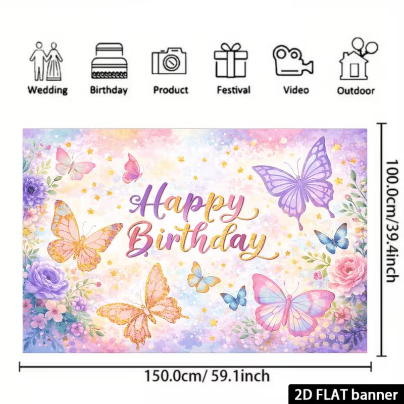2D verspielter Schmetterlings-Geburtstags-Hintergrund mit Blumen und Sternen Foto-Booth-Banner