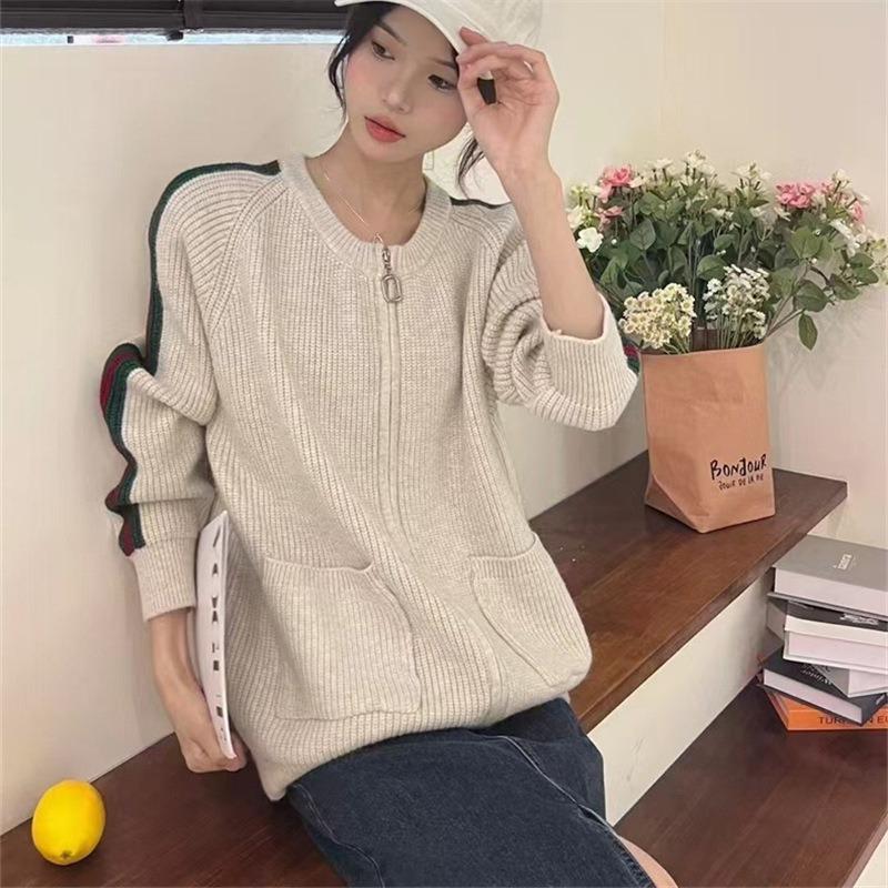 Retro color matching crew neck zipper sweater jacket women's autumn and winter new loose lazy wind knitted cardigan top