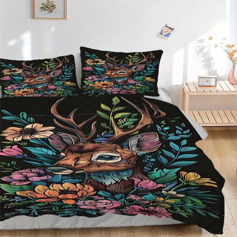 

3pcs Deer Floral Print Duvet Cover Set - Machine Washable, Includes 1 Cover and 2 Pillowcases, No Core Included yy251013090 135x200cm