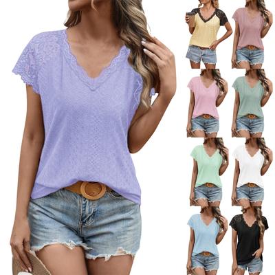 Ladies Casual Fashion Sexy Solid Color V-neck Pullover Comfortable Loose Short Sleeve Lace Sleeve Top