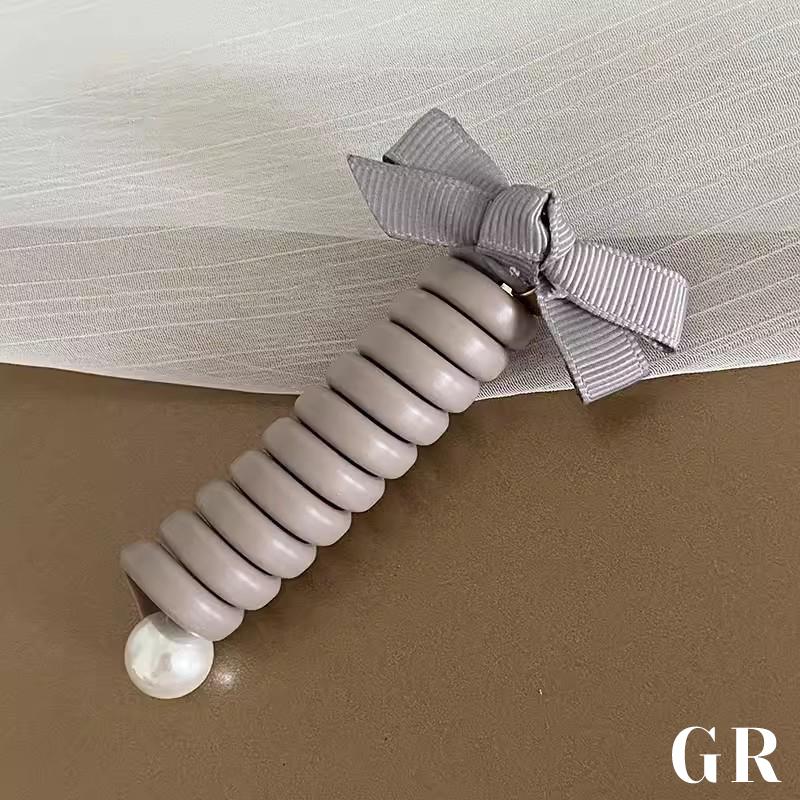 Bowknot Braided Telephone Wire Hair Bands,Spiral Hair Ties Phone Cord With Pearl,Waterproof High Elastic Rubber Hair Band