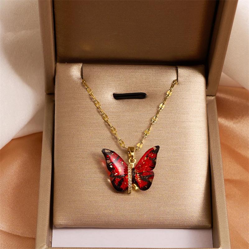 Trendige Titanstahl Schloss Halsband Kette mit buntem Schmetterling Anhänger