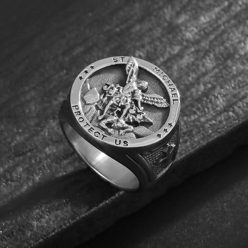 Catholic Angel Michael Gold color Ring For Men Women Punk Stainless Steel Knight Saint Michael Protect Amulet Jewelry Gifts