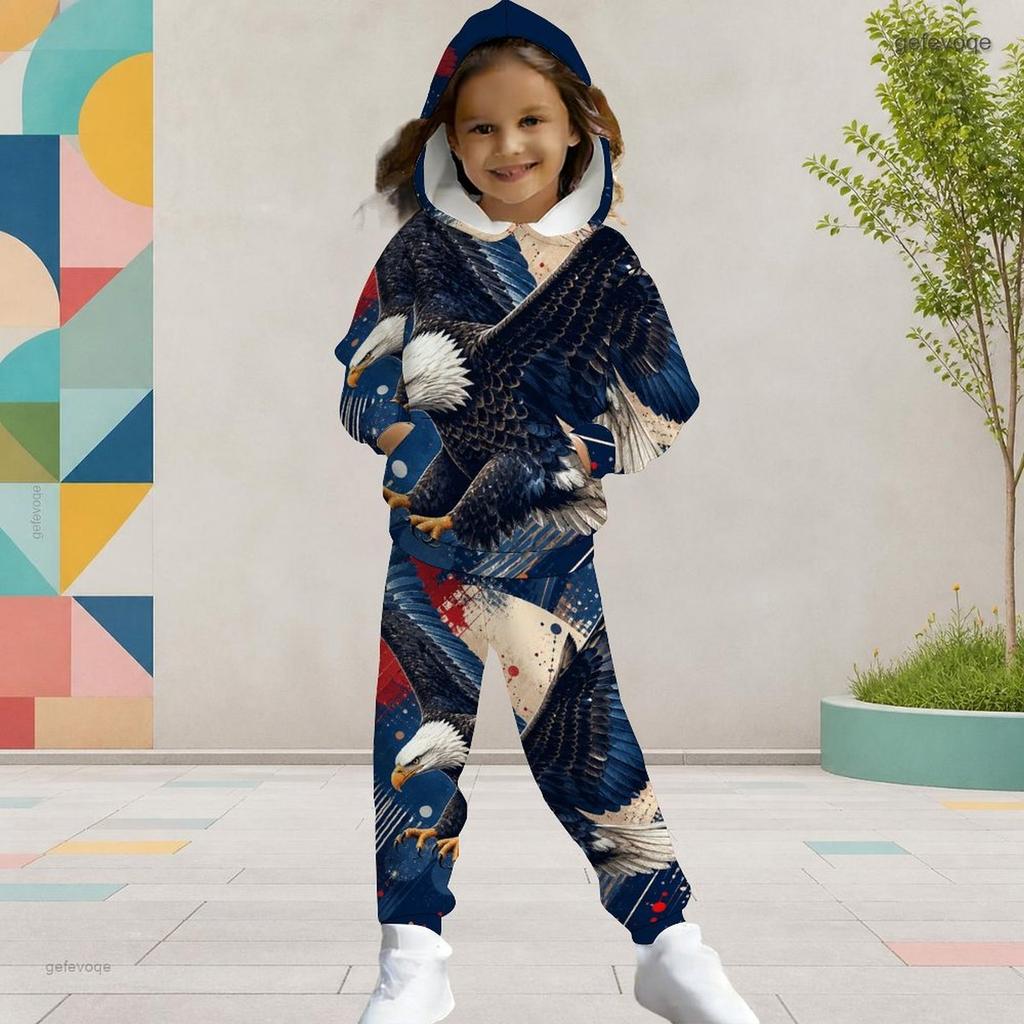 Girls Red Blue Star Printed Hooded Two Piece Set Long Sleeve Kangaroo Pocket Top Cuffed Pants
