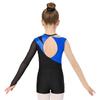 Girls Shiny Keyhole Back Mesh Long Sleeve Leotard V Front Waistband Shorts Gymnastic Outfit Hair Band Set