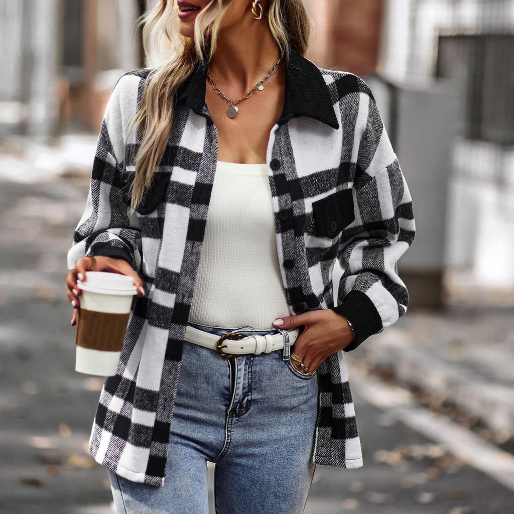 Women's Fashion Plaid Long Sleeve Loose Casual Fall And Winter Tops Jacket