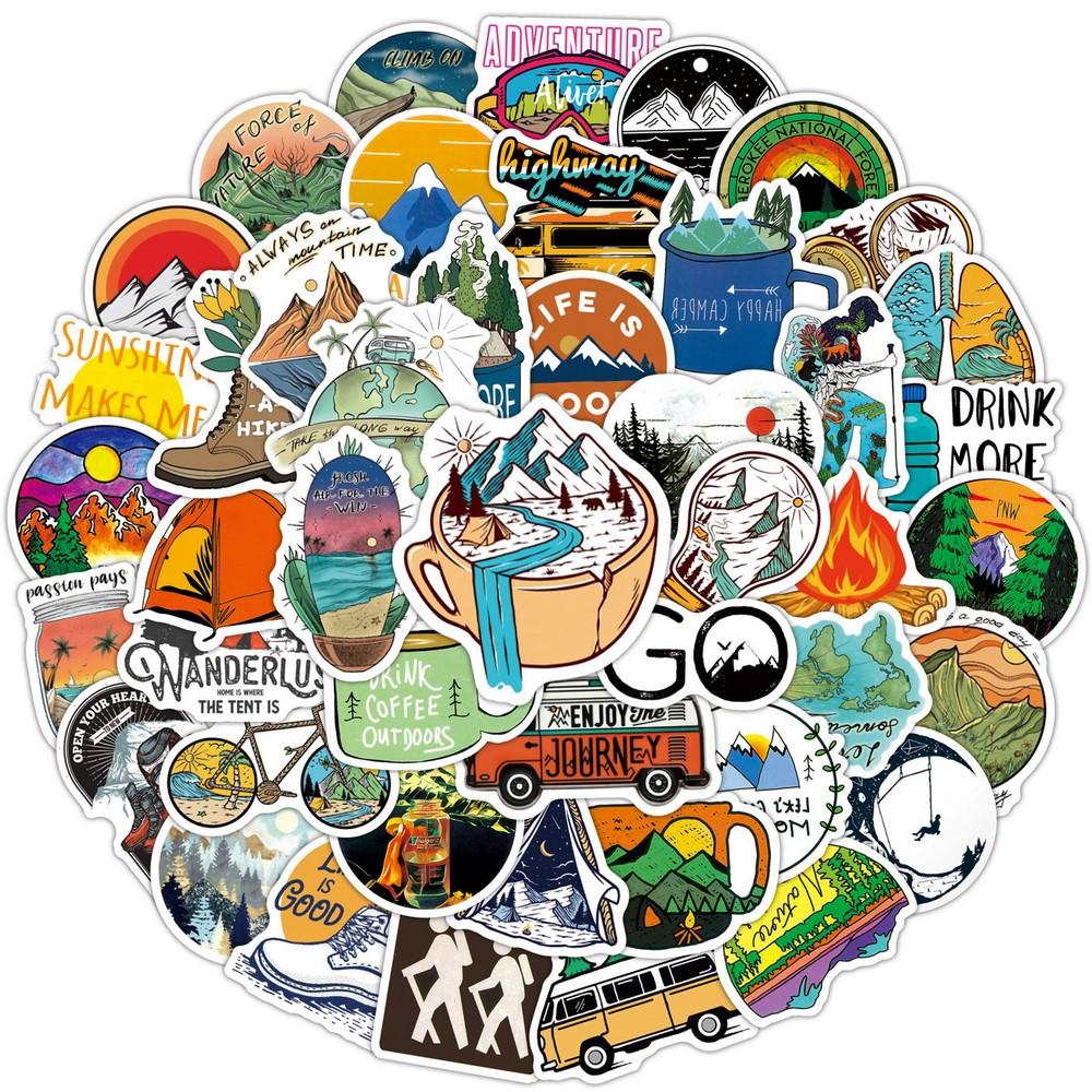 50 100Pcs Outdoor Travel Stickers Hiking Adventure Wilderness Camping Vinyl Decal Water Bottle Laptop Cup Car Waterproof