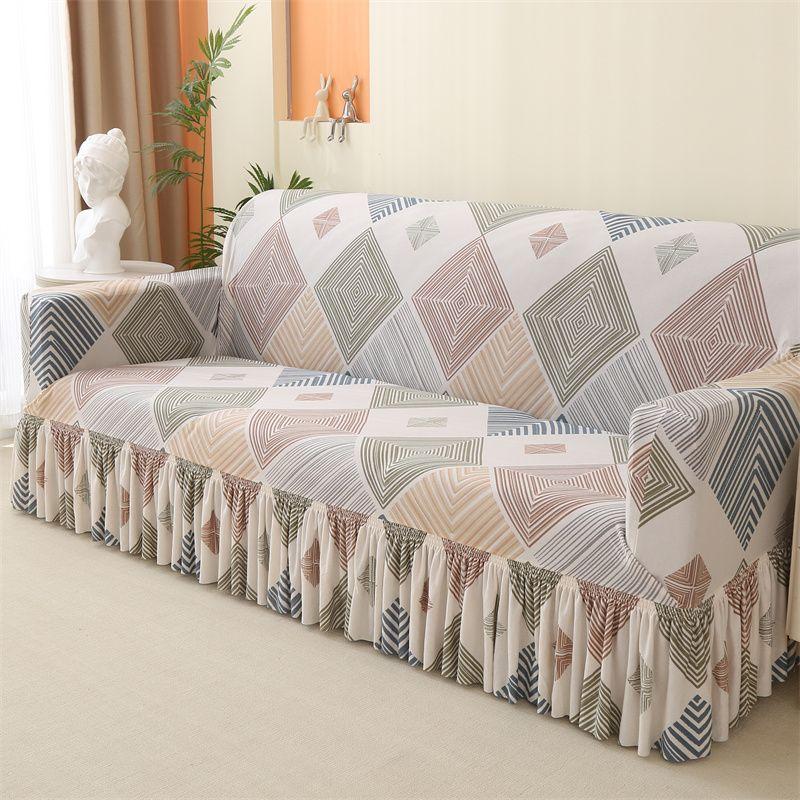 Geometric Elastic Sofa Cover with Skirt Fits Single To Four-Person Sofas Sofa Protection Cover|Elegant Home Accessory|Ruffled Edge Detail