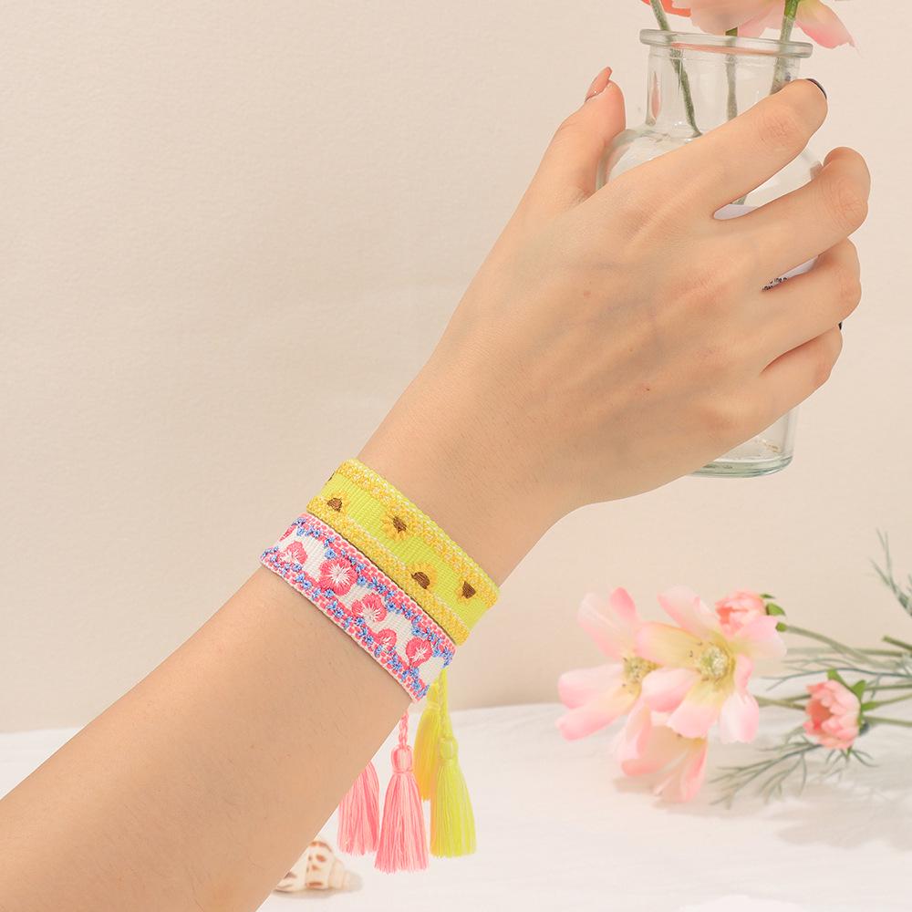 Bohemian Adjustable Floral Embroidered Bracelet with Roses and Sunflowers
