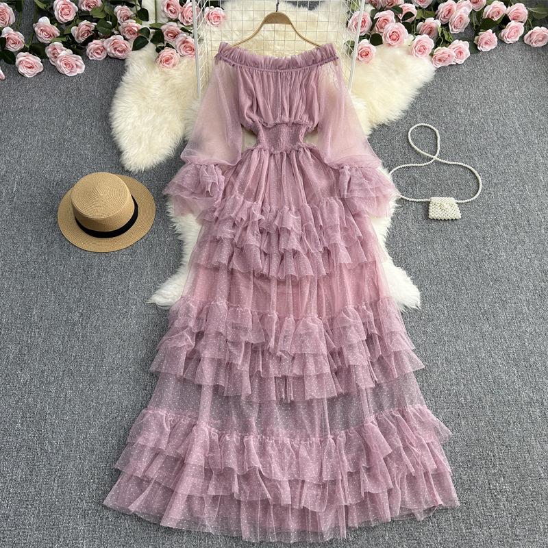 YYFS Dámská móda Jaro Podzim Jednobarevný potisk Neformální šaty s dlouhým rukávem na jedno rameno s vysokým pasem