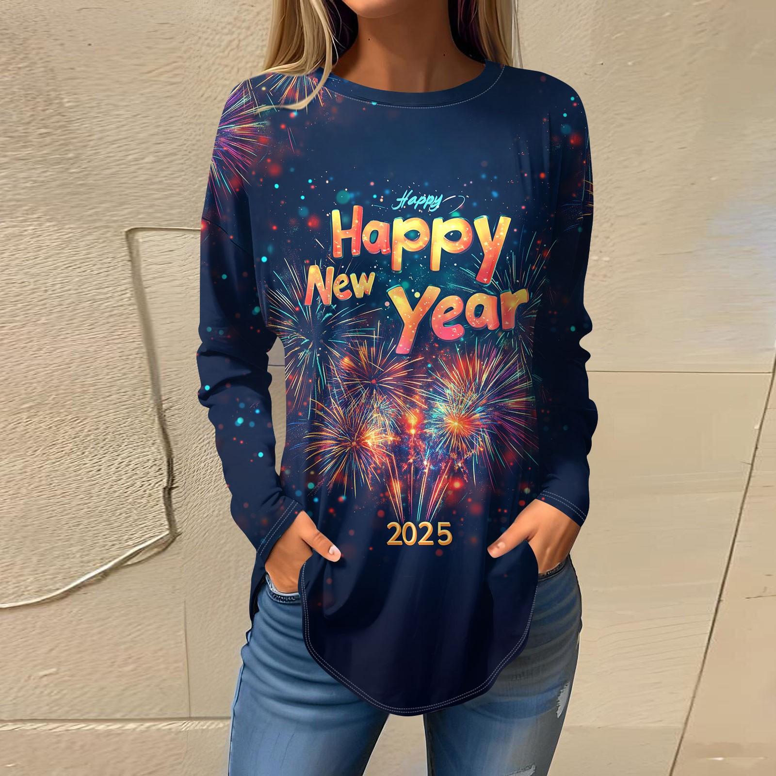 

Женская модная свободная футболка с круглым вырезом и рождественским принтом, длинный рукав XL