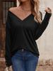 Einfarbiges, lockeres Langarm-T-Shirt mit V-Ausschnitt und Button-Down-Oberteil