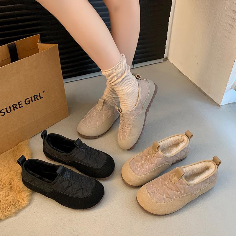 New Womens Shoes Fashion Winter Cotton Shoes Warm Plush Lining Slip Ons Loafers Women Casual Patchwork Suede Flat Walking Shoes