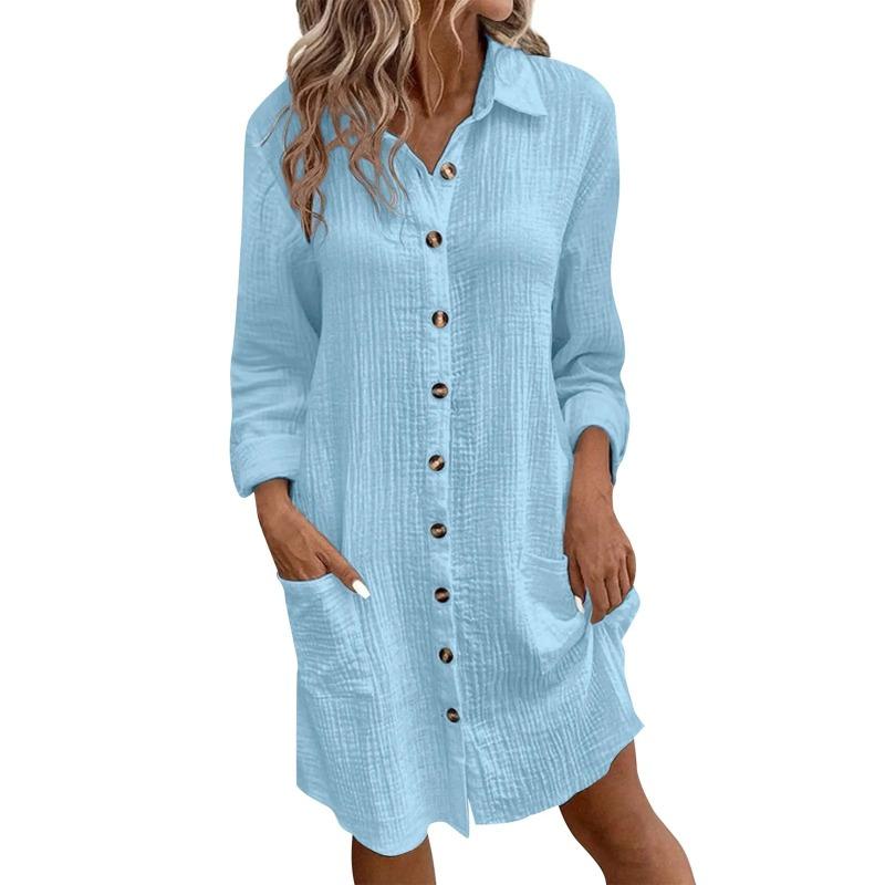 Women S Solid Cotton Linen Long Sleeve Mid Length Shirt Dress Casual