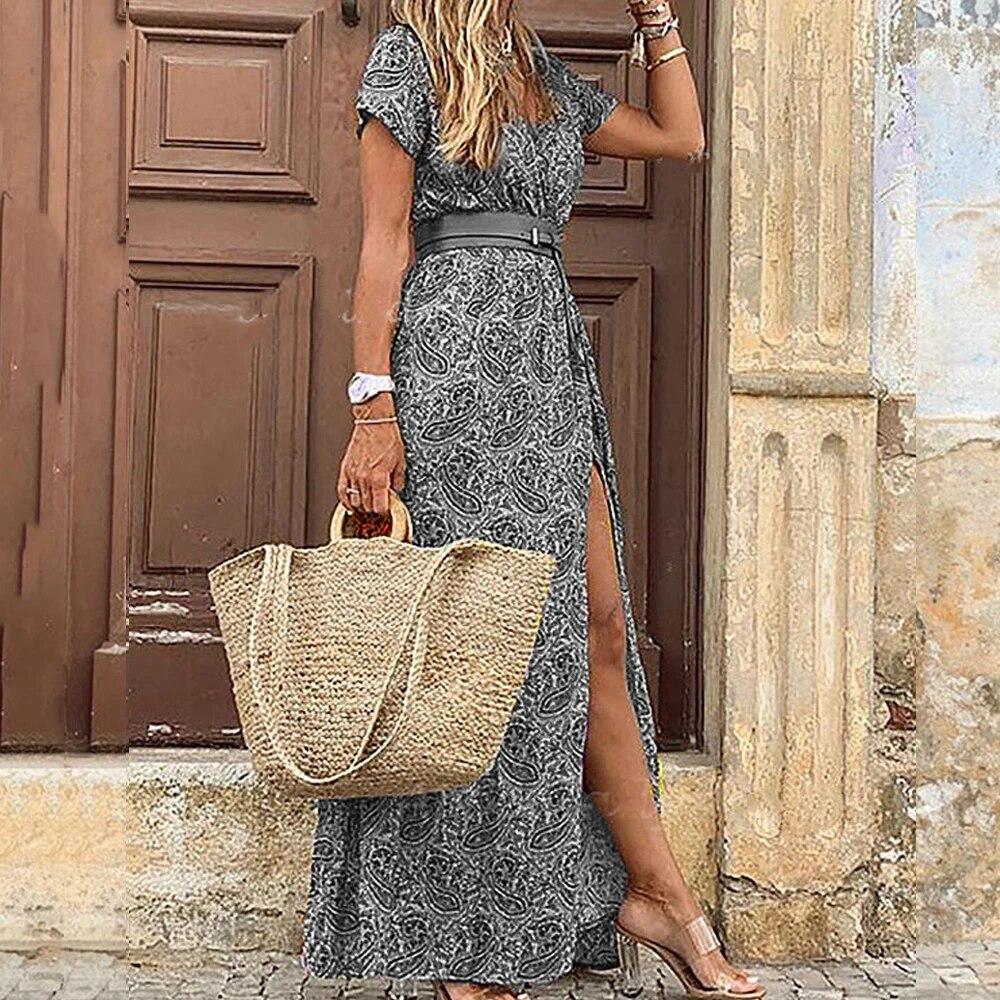 Langes Kleid für Damen, Sommer, Strand, Bohemian-Kleider, Vestido, lässige Robe, Damenkleidung, Blumenrock, elegantes Kleid