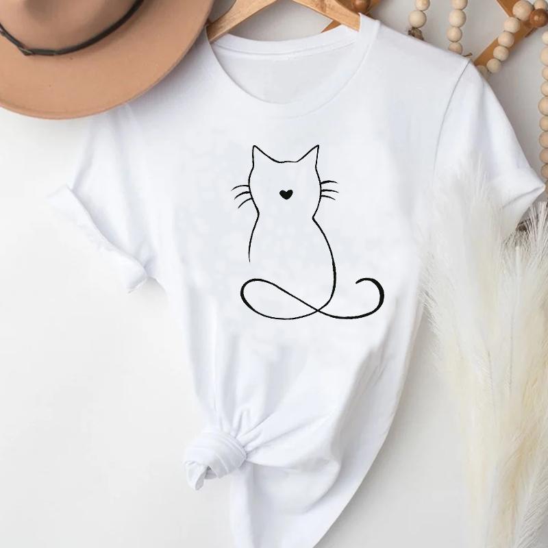 

T-Shirts Women Cartoon Love Pet Cat Printing Spring Summer Fashion Clothes Graphic T Tshirt Top Lady Print Female Tee T-Shirt S білий