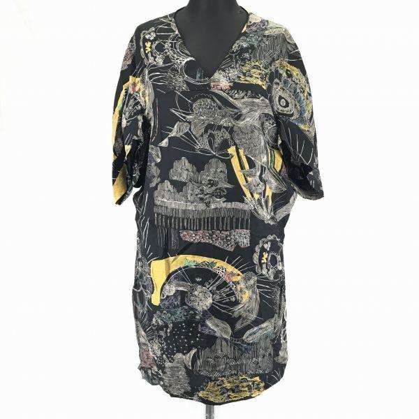 

See by Chlo 100% Silk Dress Hand-Drawn Print Birds & Scenery V-Neck Short Sleeve Black M(USED)