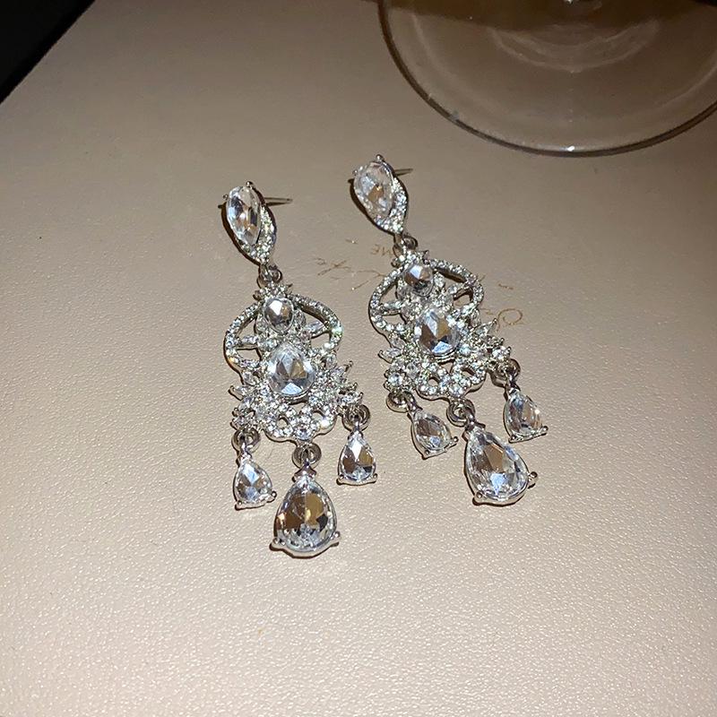 2025 Light Luxury Silver Needle Diamond Flower Tassel Earrings - Elegant European & American Style for Women