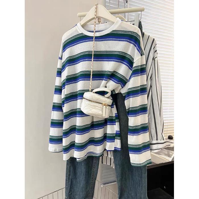 Women's Black Striped Long-Sleeve T-Shirt, Spring/Autumn 2025 Trend, Designer Look, Unique Base Layer, Loose Fit