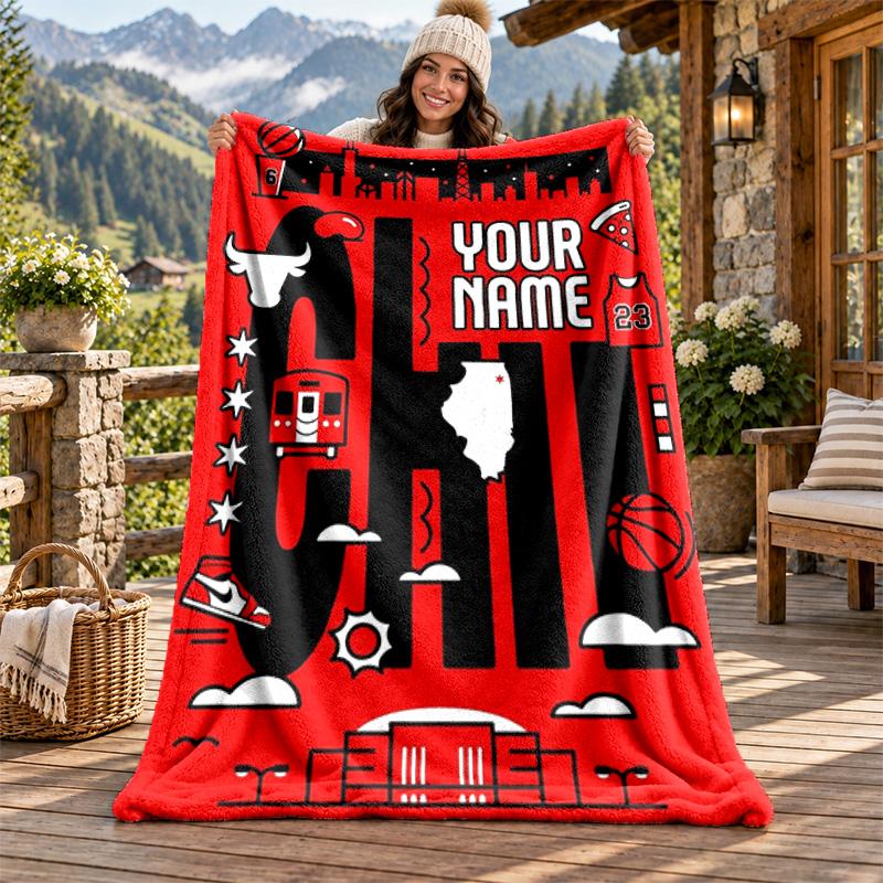 Chicago Bulls Custom Name Flannel Blanket Personalized Soft Warm Plush Throw Blanket Customized Gift for Family Friends