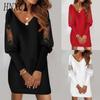 Women's Fashion Autumn Winter Solid Color Print Long Sleeve V-Neck Casual Dresses