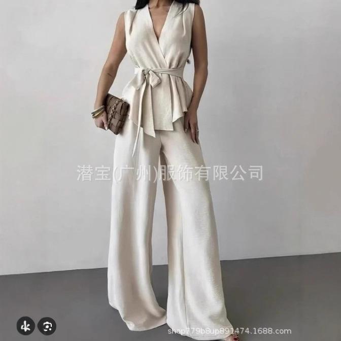 1116 Spot new European and American women's clothing V-neck bow fashion top plus wide-leg pants suit women