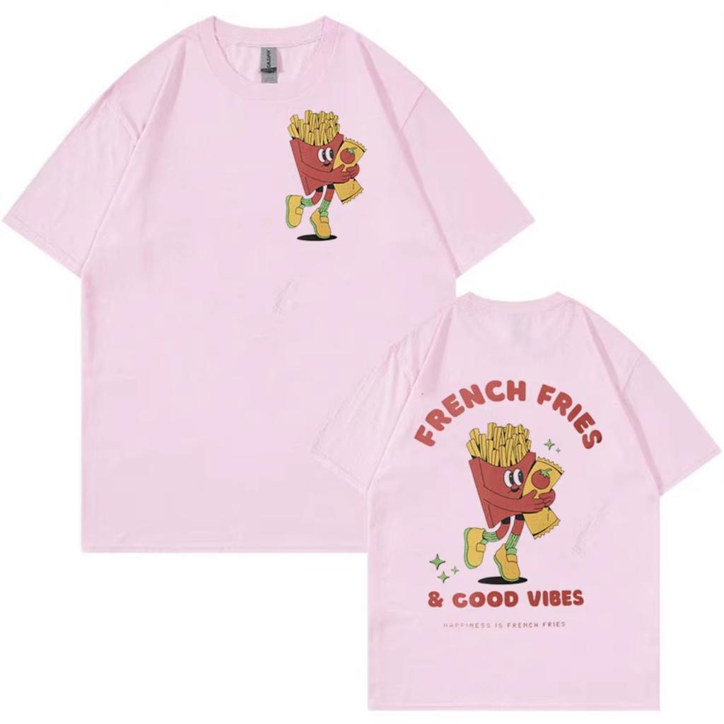 French Fries Good Vibes Printed Womens Tshirt Fashion Trend Top SpringSummer Pure Cotton Unisex Short Sleeve Tshirt