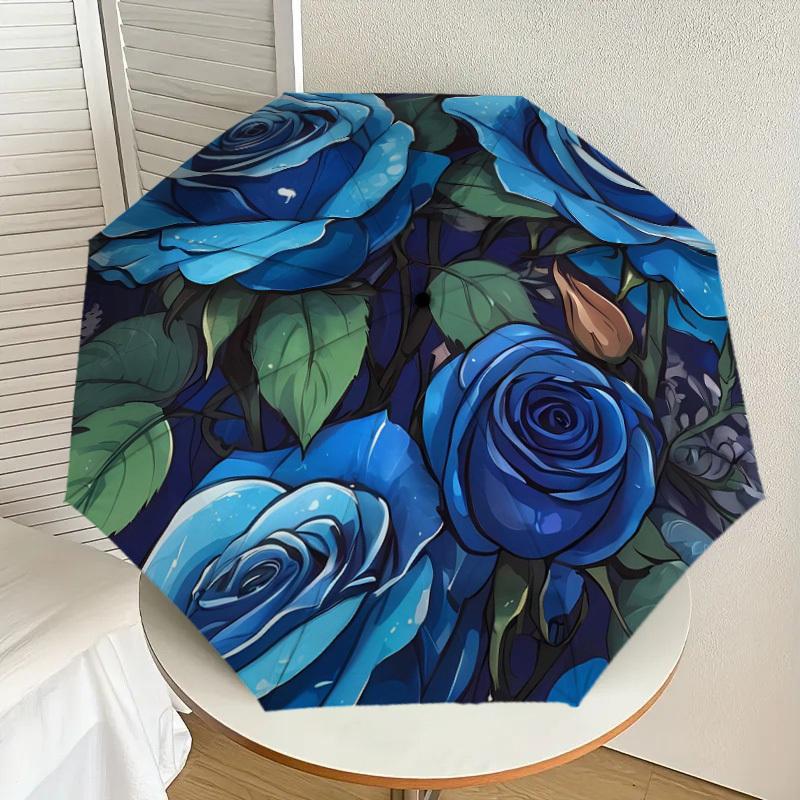 

1pc Blue Rose Garden Umbrella with Plastic Handle,Suitable for All Seasons Home Travel Outdoor UmbrellaDD148