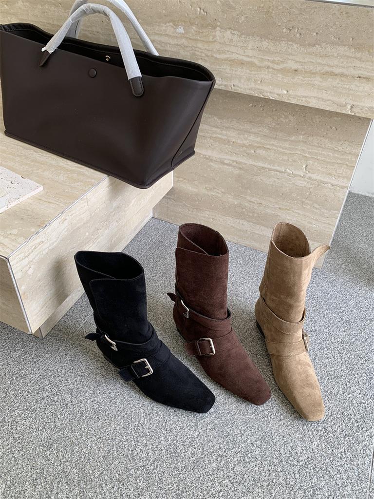 Coarse Heel Suede Square Head Short Boots Women's 2025 Autumn and Winter New Button Lapel Two Wear Women's Boots Sleeve Fashion Boots Women