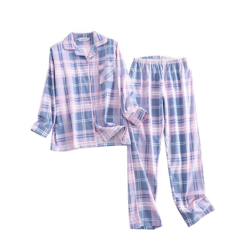 Women Plaid Casual Pajama Set Button Shirt Top and Pants