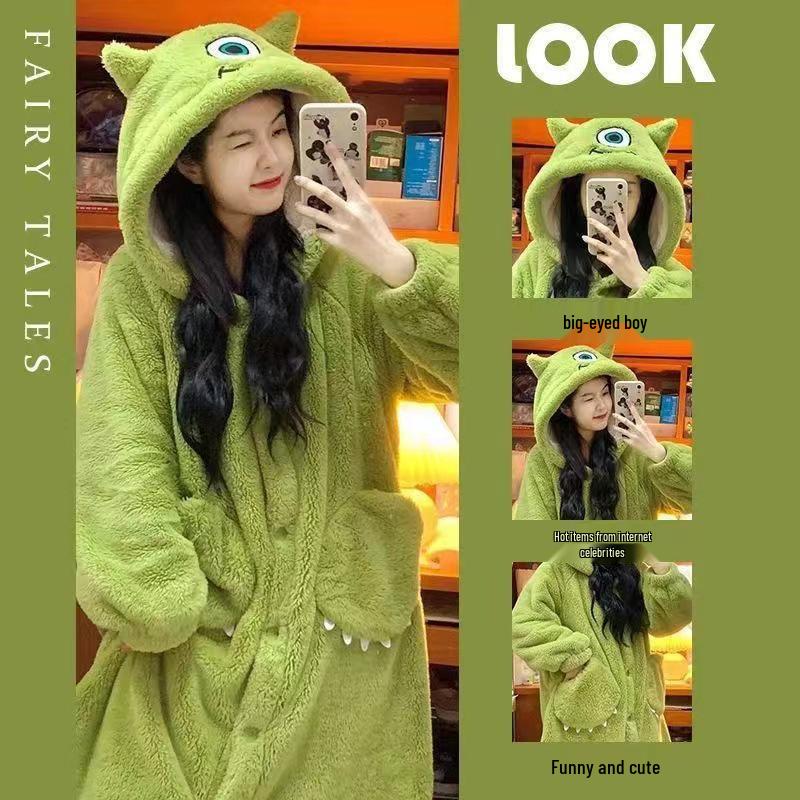 Cozy Mike Wazowski Fleece-Lined Hooded Pajamas - Winter Homewear with Short Sleeves
