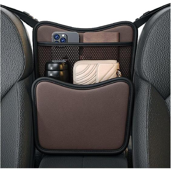 Car Organizer Storage Between Seats, Leather Large Capacity Automobile Handbag Hanging Store Content Bag, Auto Console Organizer Holder for Snack
