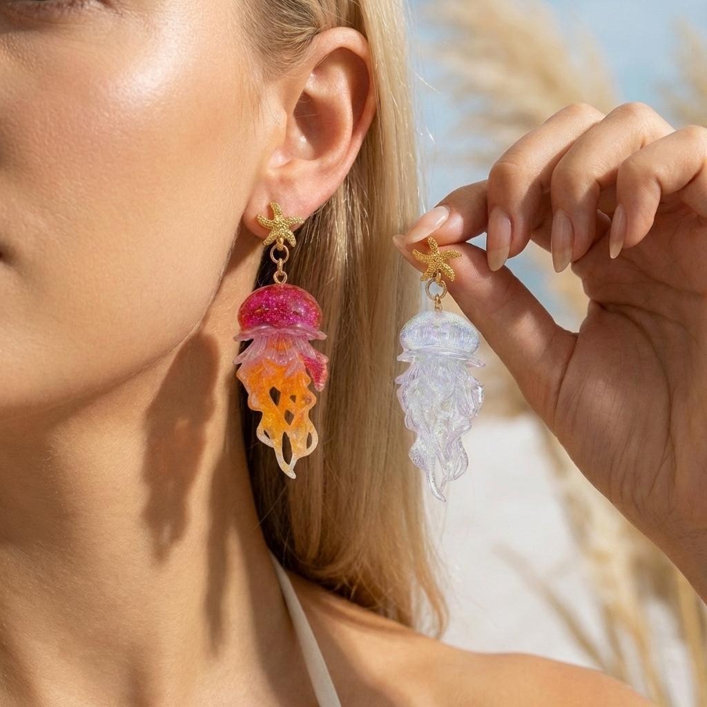 

Mermaidcore Gradient Glitter Jellyfish Statement Earrings for Women Boho Gold Color Starfish Ocean Beach Vacation Summer Jewelry
