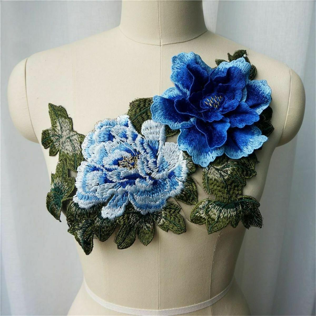 Embroidered 3D Peony Flowers Leaves Sew Patches Trimmings Applique Wedding Gown Dress DIY