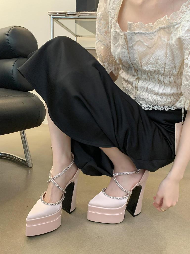 Fashion 15cm Spring and Summer 2025 New Fashion Platform Thick Heels Hate Sky High Pointed Satin High Heels Show Women's Single Shoes