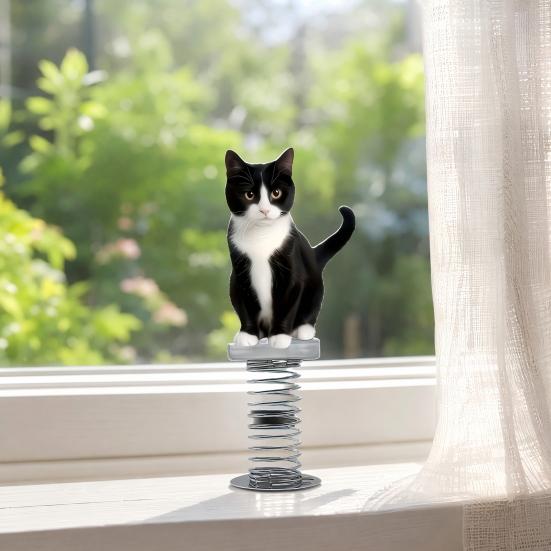 Cat Spring Car Rocking Black White Cat Figurine 2d Flat Acrylic Swaying Dashboard