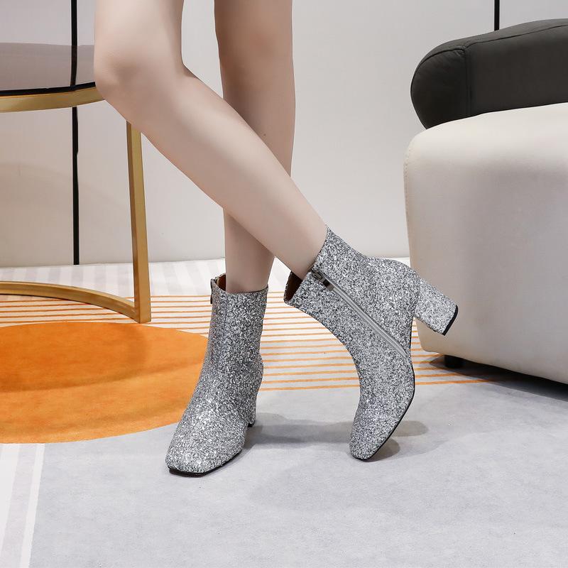 Women's Short Boots Autumn and Winter Grit Metal Sequins Women's and Ankle Boots Gold Silver Coarse Heel High Heel Square Head Women's Short Boots