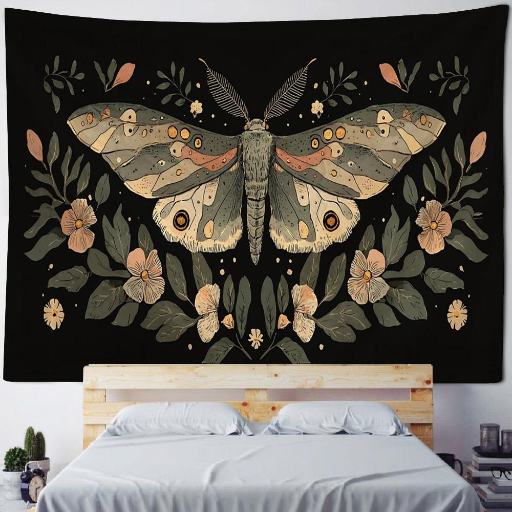 Butterfly Moon Phase Art Tapestry Bohemian Style Wall Hanging Cloth Plants Animals Home Dormitory Aesthetic Mural Decoration