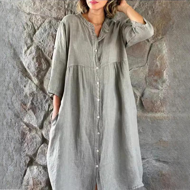 GMXIA Women's Cotton Linen Solid Colour Casual Button Up Long Dress
