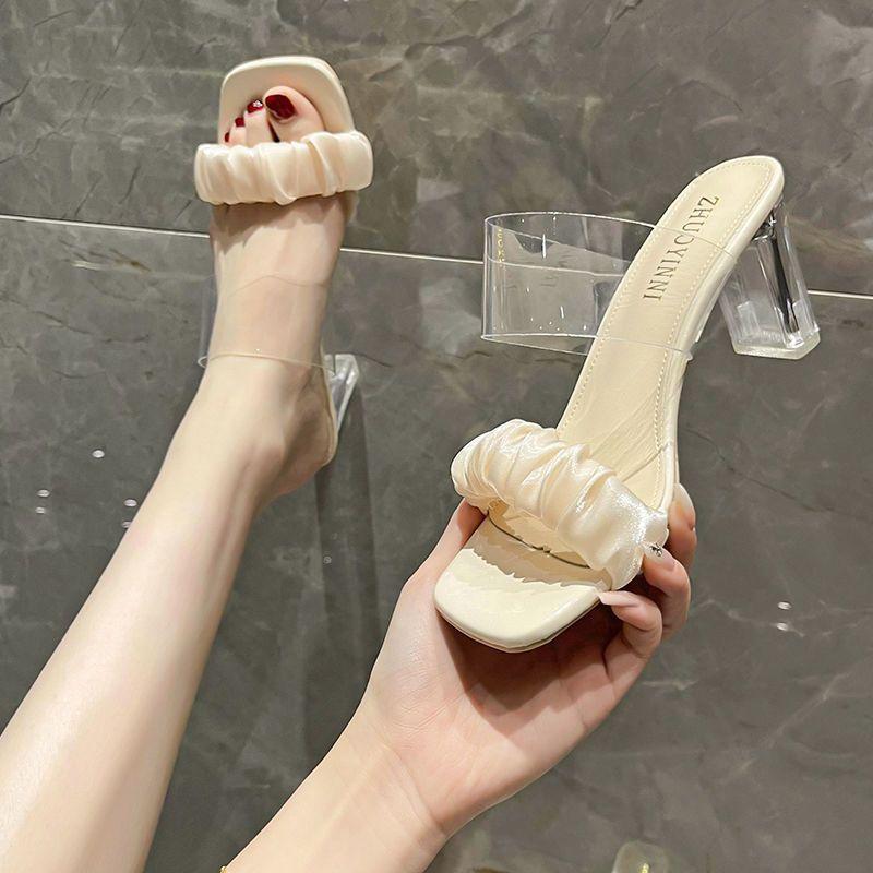 Internet Celebrity Slippers Women 2025 Summer New Versatile Crystal Transparent Thick Heel Fairy Wind High Heel Cool Slippers Ins Tide