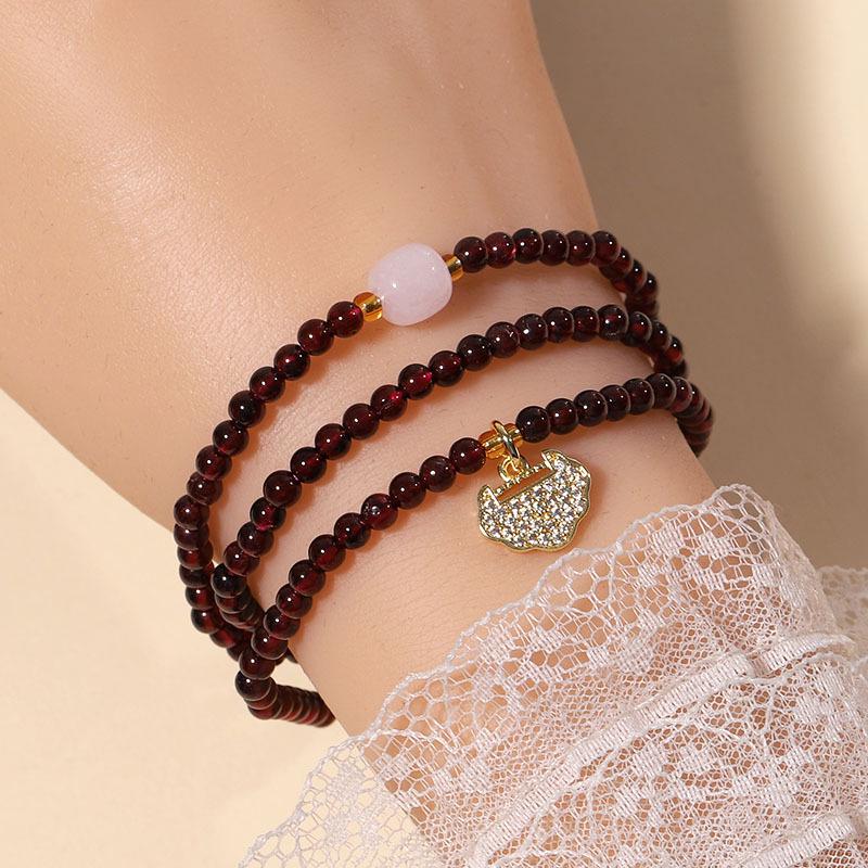 Exquisite Women's Garnet & Hetian Jade Three-Circle Lucky Bead Bracelet