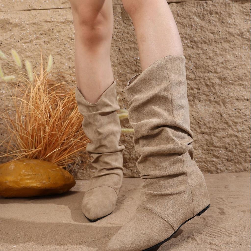 2025 new inner height-increasing suede pleated stacking boots women's 2025 autumn and winter new pointed western cowboy boots lapel