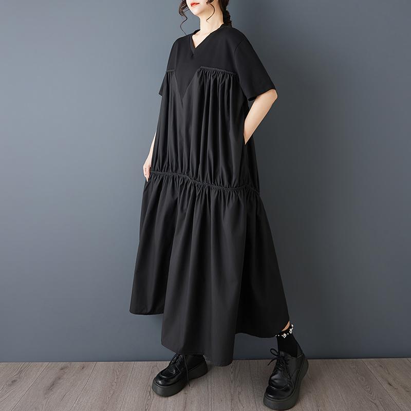 DIMANAF 2026 New Spring Summer  Plus Size Women Black Dress Fashion Lady Loose Casual Long Dress Solid Pleated Skirt