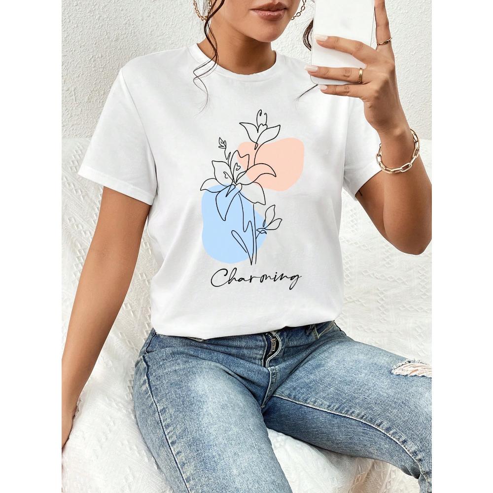 Dámské tričko Essnce Casual Fit Květinový potisk s kulatým výstřihem Krátký rukáv, Vhodné na léto