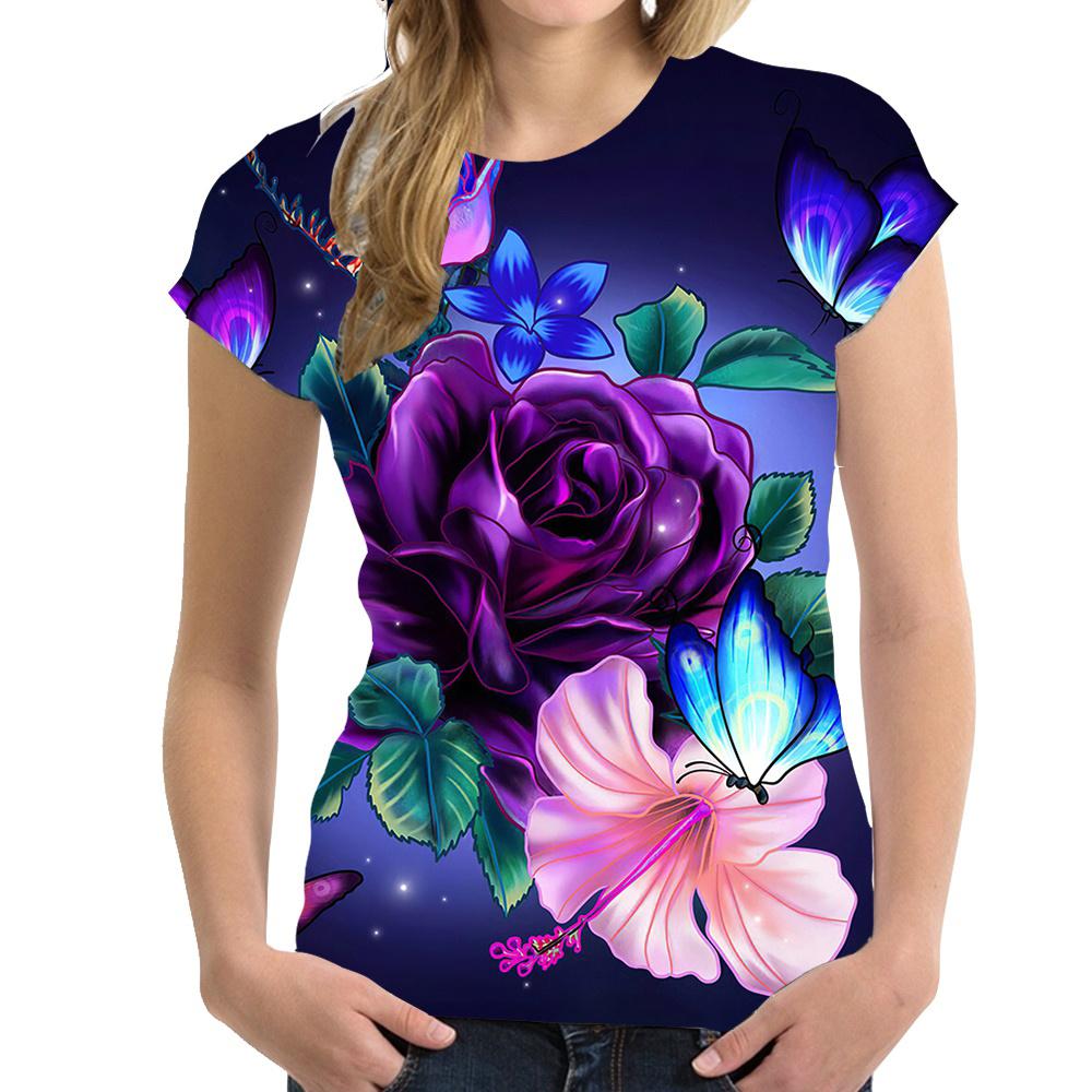 Women's 3D Floral Printed T-shirt, Hip-hop Casual Wear, Harajuku Holiday Short Sleeved T-shirt, Y2K Large T-shirt