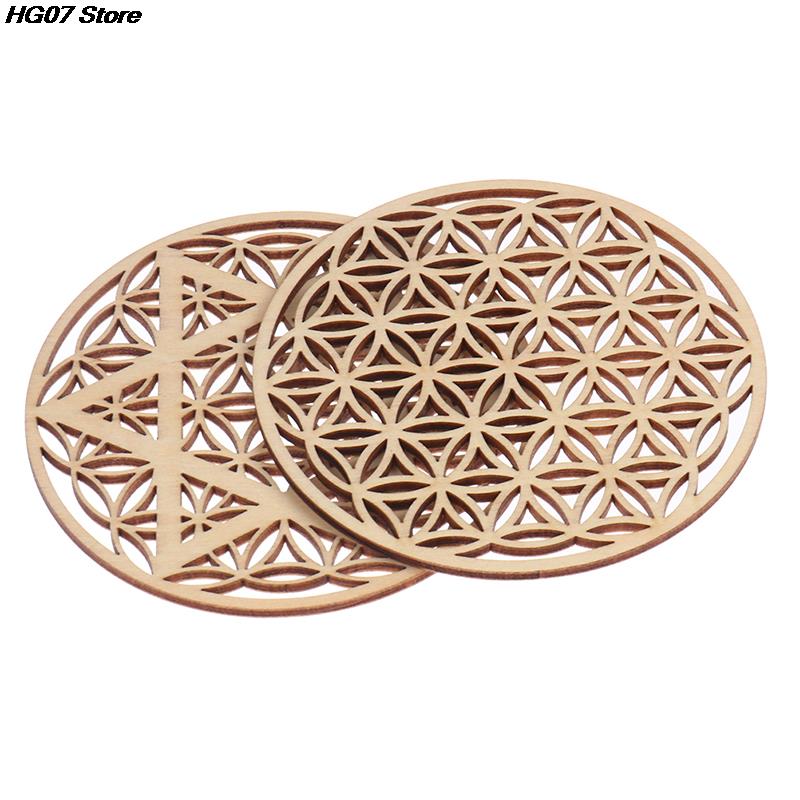 New 1PC Natural Wood Chakra Flower of life Natural Symbol Wood Round Edge Circles Carved Coaster For Stone Crystal Set DIY Decor